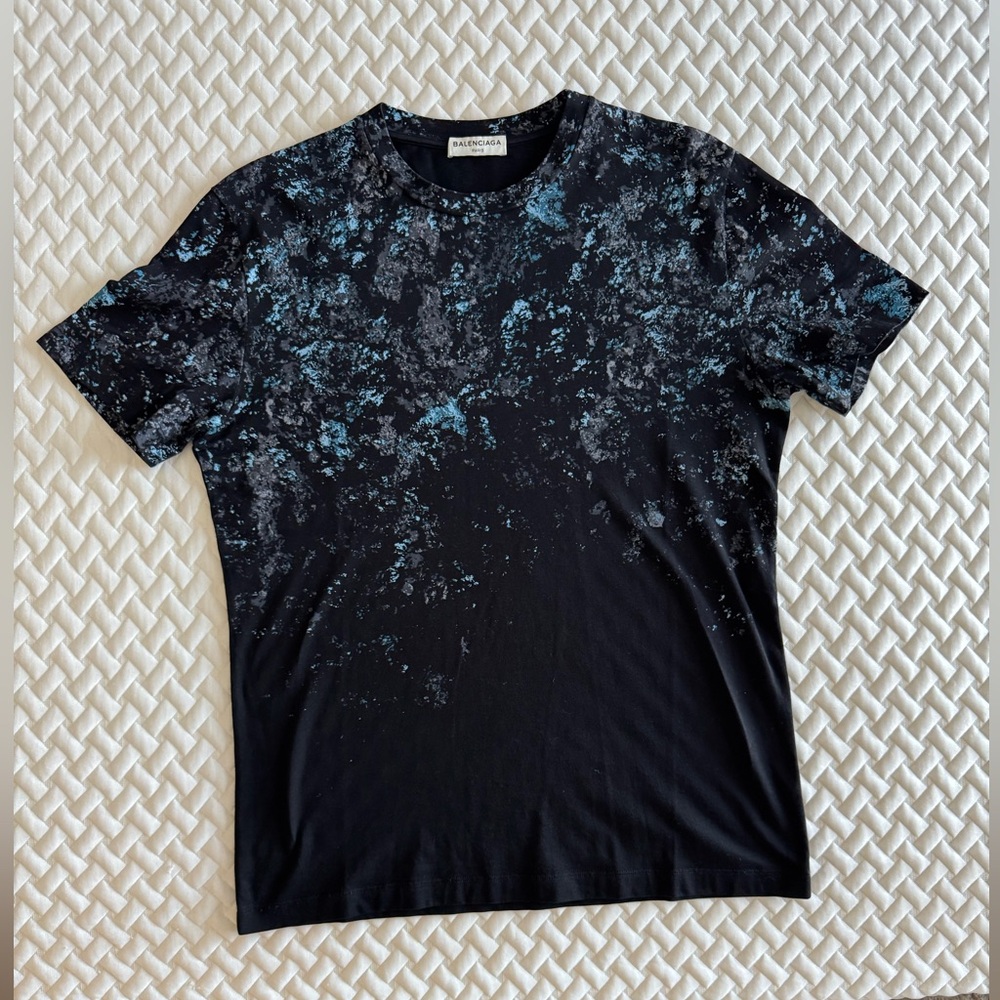 Balenciaga Black Short Sleeve Tee with Blue and Gray Pattern